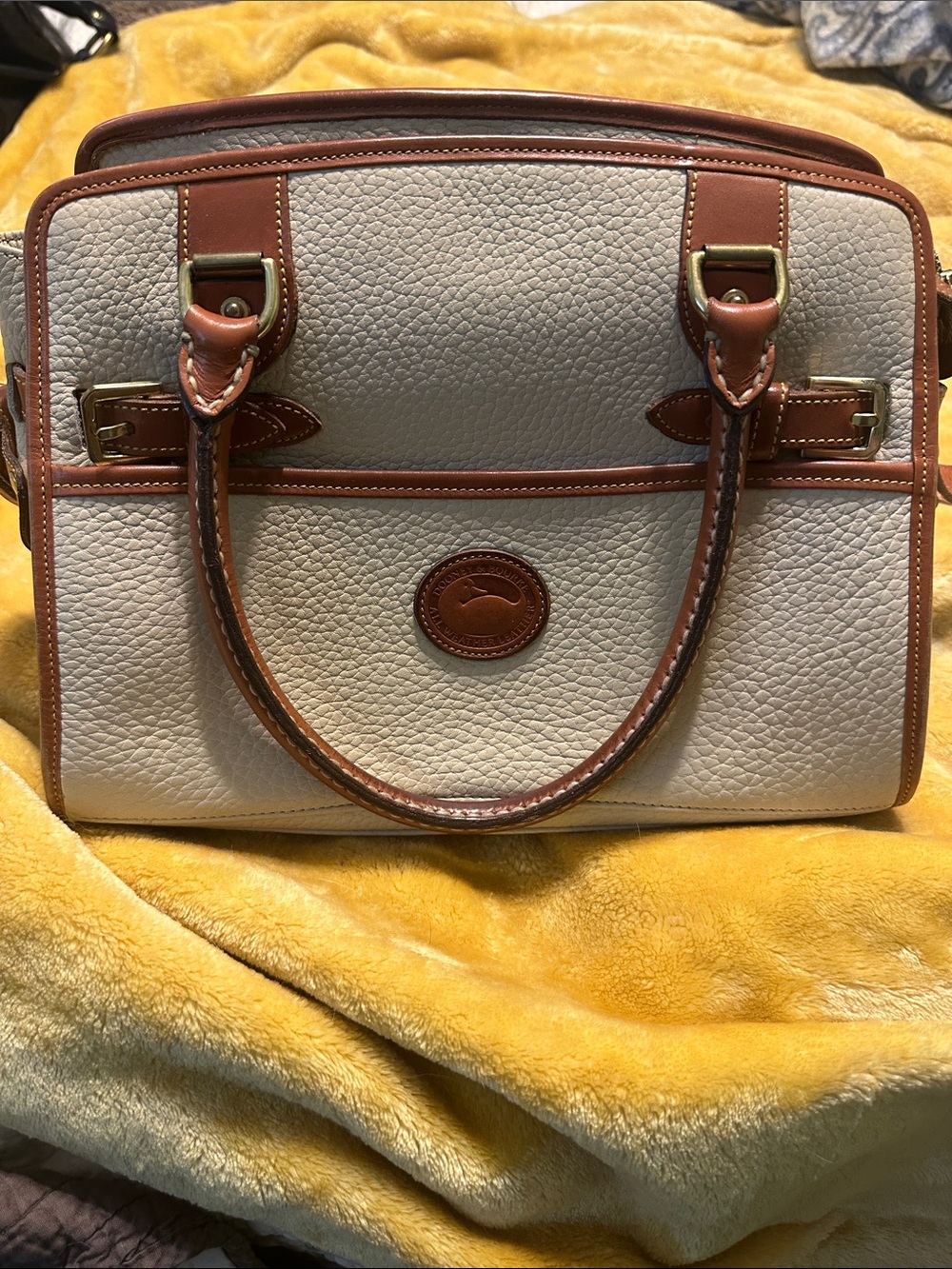 Vintage Dooney & Bourke Pebble-Grain Cream Satchel with Brown Trim